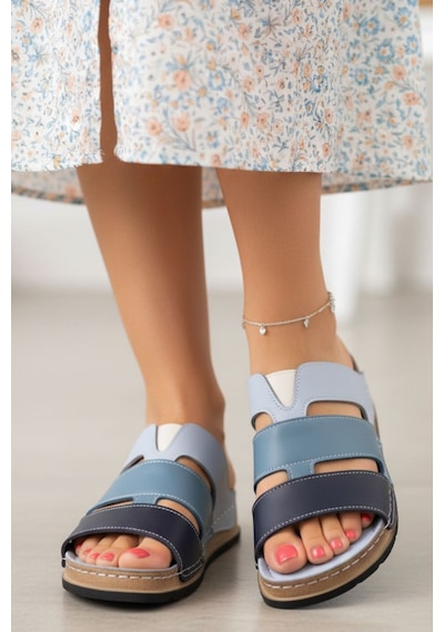 Napa Shoes Hakiki Deri Üç Bantlı Çok Renkli Ortopedik Kadın Terlik Napa-303 Mavi