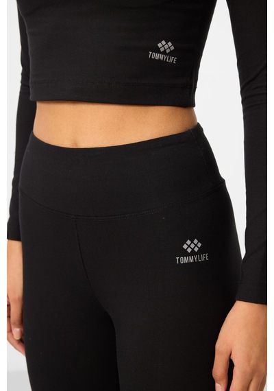 Tommylife Siyah Yüksek Bel Uzun Kollu Slim Fit Crop Top Kadın Tayt Takım - 95286