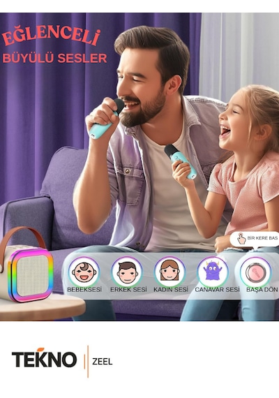 Teknozeel Mikrofonlu Karaoke 5 Ses Efektli Rgb Led Işıklı Bluetooth Kablosuz Hoparlör Ses Bombası Bej Renk