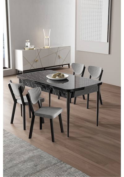 Canisa Exve Serisi 80x132 Açılabilir Siyah Mermer Desen Masa Takımı Ve 4 Gri Sandalye Masa Siyah Mermer Desen Sandalyeler Gri Canisa Exve Serisi 80x132 Açılabilir Siyah Mermer Desen Masa Takımı Ve 4 Gri Sandalye Masa Siyah Mermer Desen Sandalyeler Gri