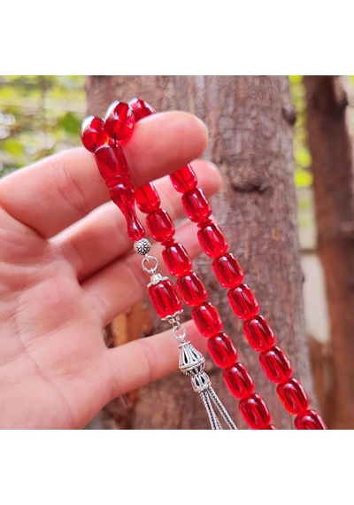 8x11 Mm Gümüş Püsküllü Kırmızı Zar Kehribar Tesbih - Serkan Başkan Usta İşçilikli Kırmızı