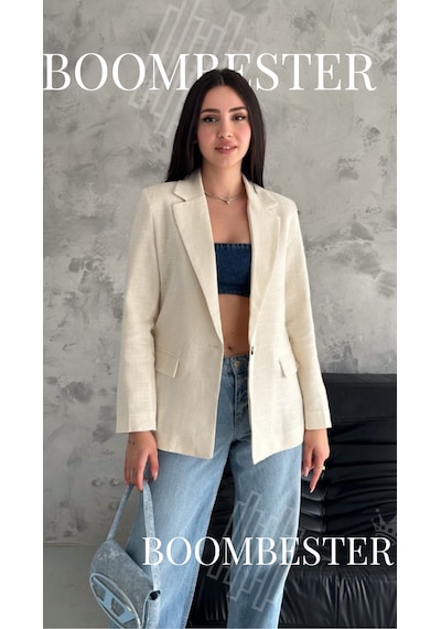 Boombester Kadın Flam Keten Astarlı Blazer Ceket Çizgili Astar Detay Rahat Kalıp İnce Ceket Ekru Boombester Kadın Flam Keten Astarlı Blazer Ceket Çizgili Astar Detay Rahat Kalıp İnce Ceket Ekru