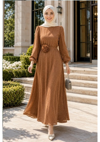 Hb Harma Time Butik Kadın İnci Detaylı Kuşaklı Taba Saten Elbise