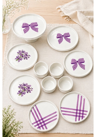 Lila Gift 11 Parça 6 Kişilik Seramik Kahvaltı Takımı & Sunum Seti Lila Desenli Pasta Tabağı Seti Beyaz