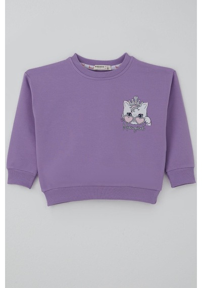 Breeze Kız Çocuk Sweatshirt Minik Taçlı Kedi Prenses Baskılı Sırt Baskı Detaylı 1.5-5 Yaş, Lila Lila