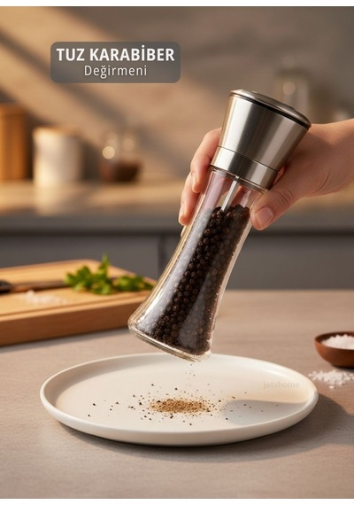 Lüks Çelik Kapaklı Cam Tuz Ve Karabiber Değirmeni 19 Cm Modern Baharat Öğütücü Şeffaf