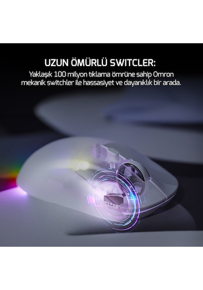 GamePower Kodex RGB 12.000DPI PAW3311 Kablosuz Beyaz Gaming Mouse + Grip Tape Beyaz