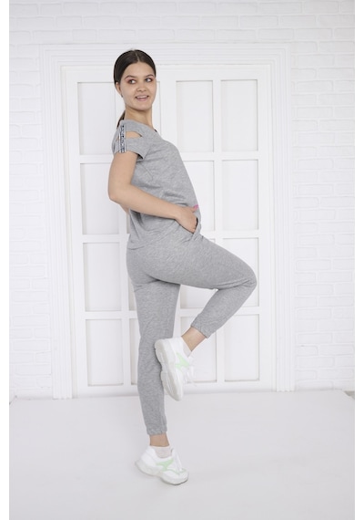 Kadın Spor G2 Melanj Alt-Üst T-Shirt Takım-3936 Açık Gri Melanj