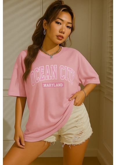 Ocean Cıty Baskılı Oversize Unisex Tişört Pembe