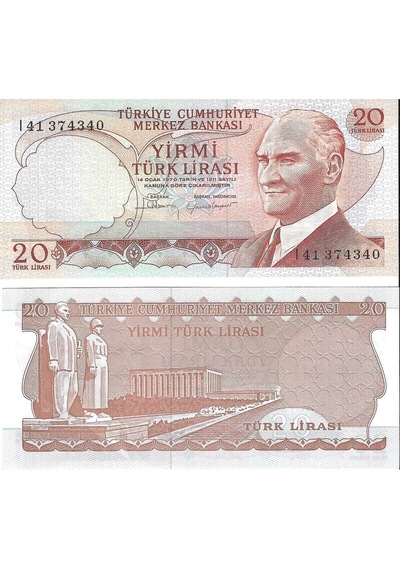 6. Emisyon 20 Türk Lirası I Harfi Yerli Kağıt Para Çil Unc Koleksiyon Para
