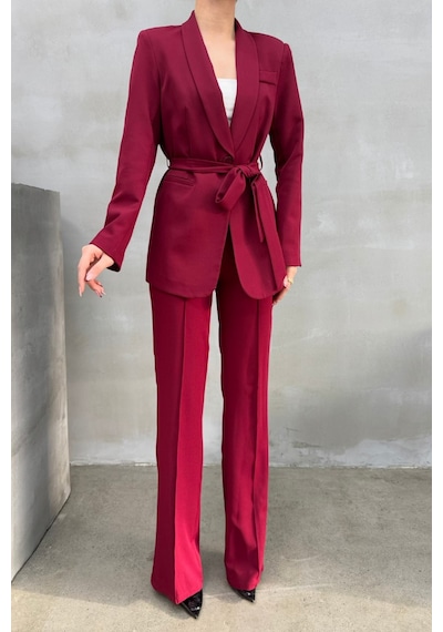 Msm Fashion Kadın İkili Kuşaklı Blazer Ceket Pantolon Takım Bordo