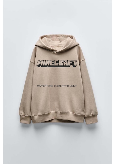 Erkek Çocuk Mınecraft Modelli Pamuk Kapşonlu Sweat Bej
