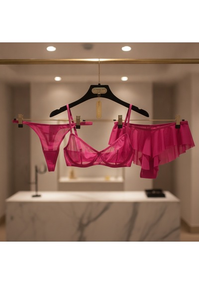 Bonbon Kadın Tül Transparan Balenli Sütyen, Checky Ve String Külotlu 3 Lü Paket Bb2619 Fuşya