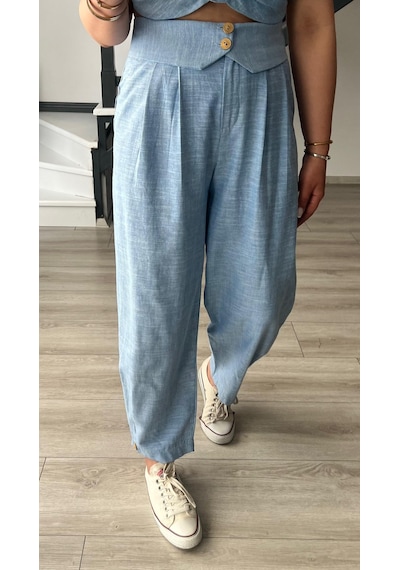 Bebe Mavi Omuz Vatka Detaylı Crop Bluz - Pantolon Takım Bebe Mavi