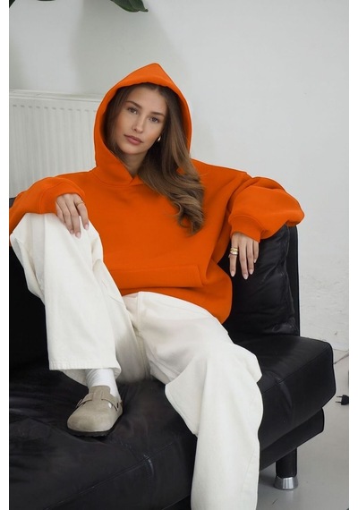 Benroma Düz Ünisex Oversize Kapüşonlu Sweatshırt Turuncu