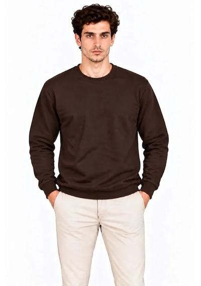 Butik İstanbul Erkek Bisiklet Yaka İçi Şardonlu 2 İplik Düz Uzun Kollu Regular Fit Sweatshirt - Kahverengi