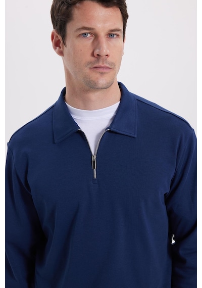 Tudors Erkek Relax Fit Rahat Kesim %100 Pamuk Yarım Fermuarlı Polo Yaka İnterlok Lacivert Sweatshirt-42169 Lacivert
