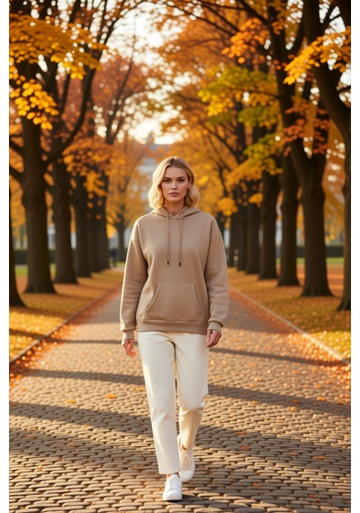 Benerly Kadın Kapüşonlu Düşük Kol Oversize Sweatshirt Fonksiyonel Dayanık Vizon