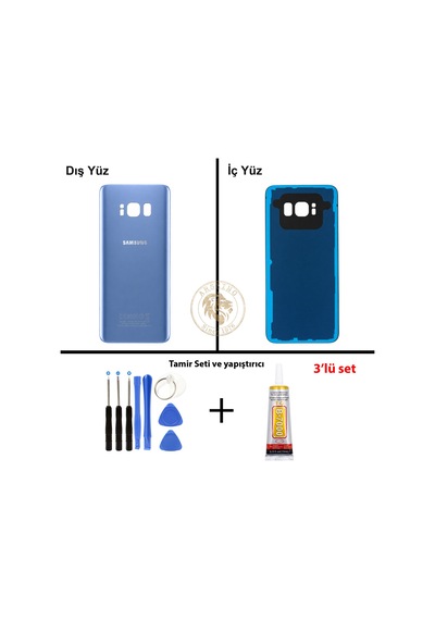 Samsung Galaxy S8 Mavi Renk Arka Kapak + Tamir Seti + B7000 Yapıştırıcı Arka Cam Batarya Kapağı Pil Kapağı Lazer Kesim Back Cover Galaxy S8 Uyumlu 47211406