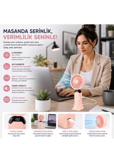 Şarjlı El Tipi Vantilatör, Telefon Standlı, 5 Kademeli Turbo Hava Akışı, Usb-c Şarjlı, Taşınabilir Mini Masaüstü Fan Diğer