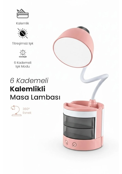 Göz Korumalı Led Masa Lambası Mavi Işık Filtreli, 4 Işık Modlu, Telefon Tutuculu, 360 Esnek Gövde Pembe