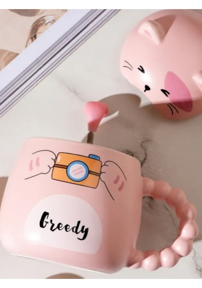 Sevimli Kedi Kapaklı Kaşıklı Seramik Kupa Pembe