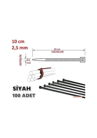 100 Adet 10Cm X 2.5Mm Plastik Kelepçe Kablo Bağı Siyah