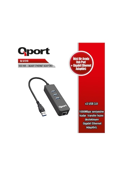 Qport Q-U3G 3Xusb 3.0 Çoklayıcı + Gıgabıt Ethernet Adaptor