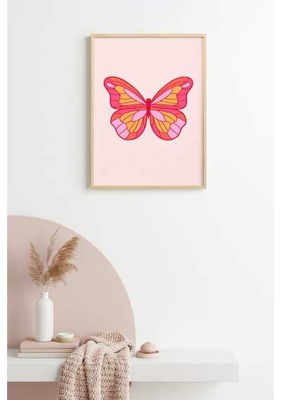 Doğal Ahşap Çerçeveli Retro Kelebek Tablo - Pop Art Desenli Huhu2648