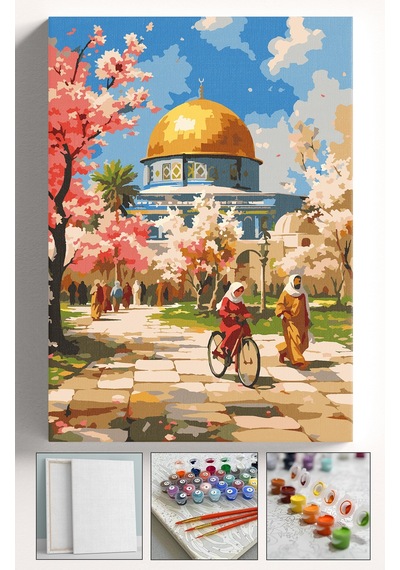 Sayılarla Boyama Seti Numaralı Tuval Fırça Boya Askı Aparatı Dahil Set 40x50 Cm - Mescidi Aksa Bahçe