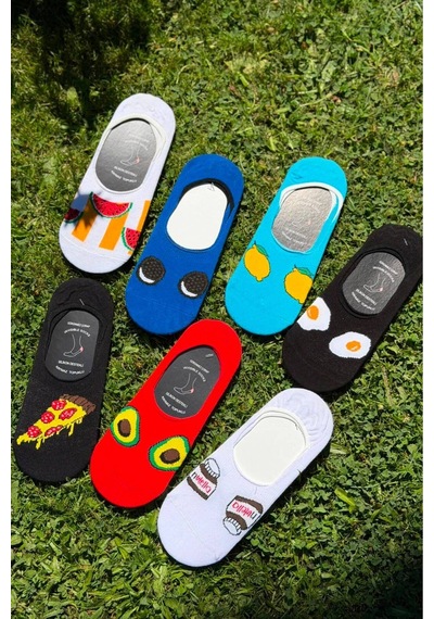 Lousocks Unisex 7'li Yiyecek Desenli Kaymaz Silikon Topuklu Görünmez Babet Çorap Çok Renkli