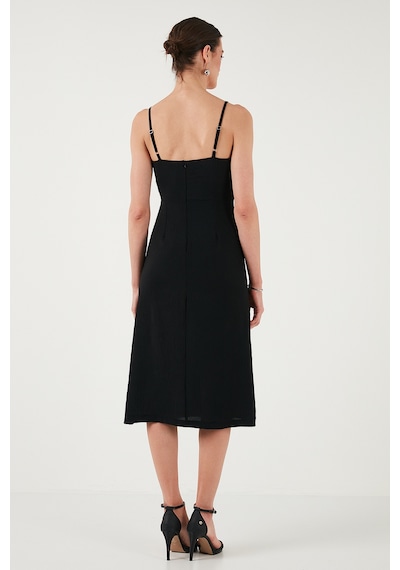 Lela Büzgü Detaylı Regular Fit V Yaka Midi Boy Bayan Elbise 6788886 Siyah