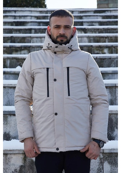 Spor Erkek Polarlı Kürklü Su Ve Rüzgar Geçirmez Kapüşonlu Mont Parka-100 Taş