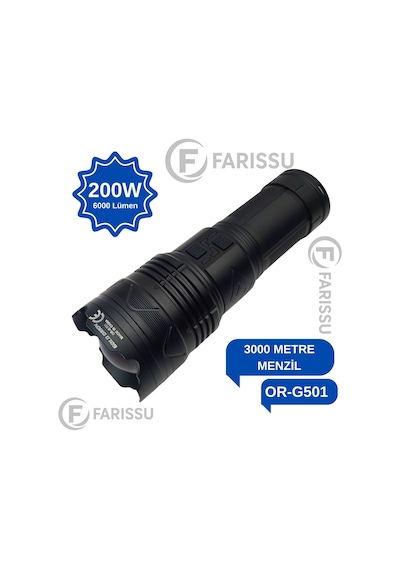 Or-g501 Geceyi Gündüze Çeviren 3 Km Menzilli Dev Projektör Fener Powerbank Özellikli Yedek Pilli Full Set Siyah