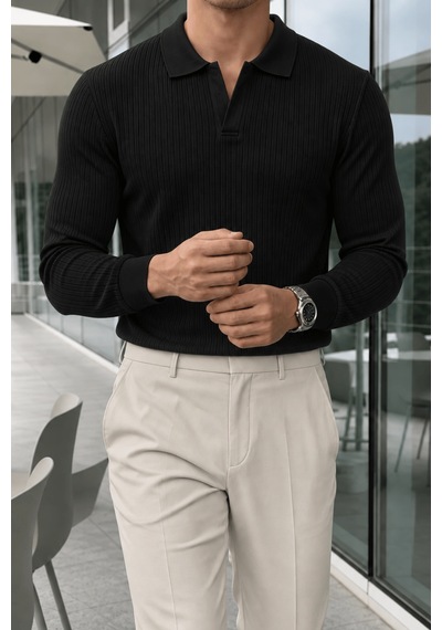 Genius Store Erkek Polo Yaka Kazak Fitilli Anti Pilling Tüylenme Yapmaz Regular Fit Erkek Triko Kazak Pyaka-kzk Siyah