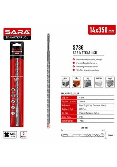 Sara S736 Sds Plus Matkap Ucu 14 X 350 Mm, 2 Kesicili Tungsten Karbür Uçlu