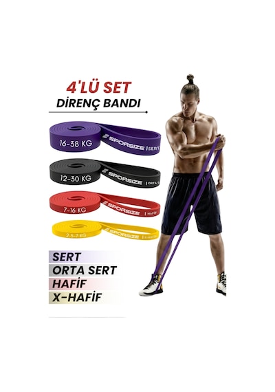 30 + 38 Kg Power Loop Direnç Bandı Kas Geliştirme Fitness Crossfit Barfiks Lastiği Sarı + Kırmızı + Siyah + Mor