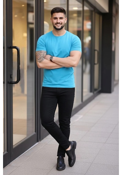 Novalisse Erkek Body Tişört Bisiklet Yaka Slim Fit Likralı T-shirt - Açık Mavi Çoklu Renk