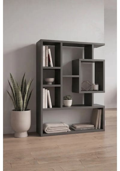 Reyo Enda Home Bigane Büyük Dekoratif Duvar Rafı 70,9 93,6 Cm, Asimetrik Çok Bölmeli Duvara Monte Raf - Antrasit