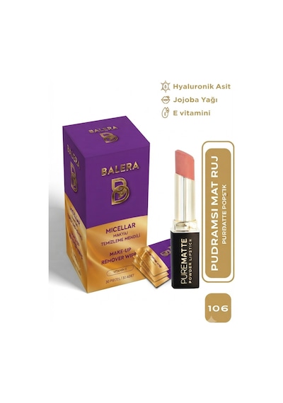 Pure Matte Powder Lipstick No: 106 - Nemlendirici Pudramsı Mat Ruj Makyaj Temizleme Mendili Hediyeli 0