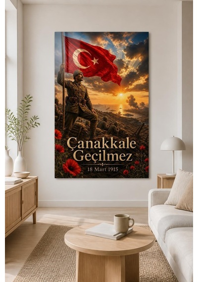 Çanakkale Geçilmez Baskılı Cam Tablo 18 Mart Türk Bayrağı Dekoratif Duvar Tablosu