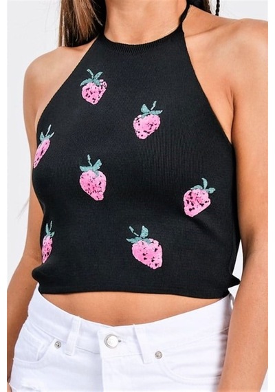 Genel Siyah Çilek Kabartma Baskı Boyundan Bağlamalı Crop Örme Bluz