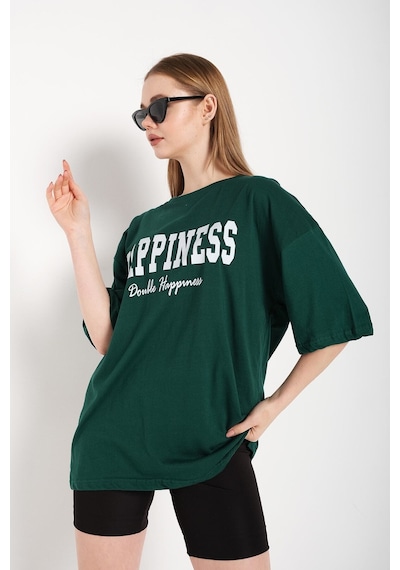 Flood Of Style Kadın Haki Happıness Baskılı Oversize Tshirt