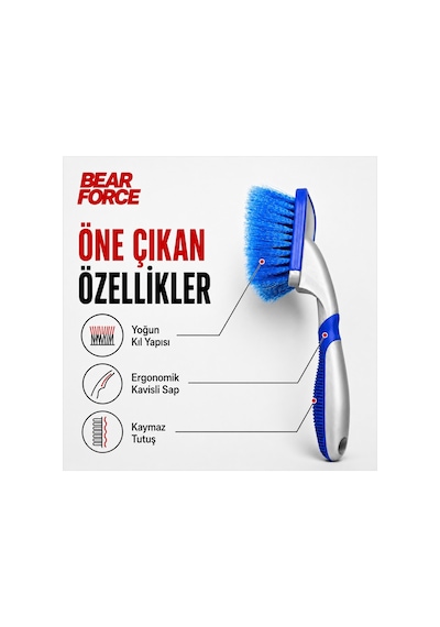 Robeve Bear Force Lastik Temizleme Fırçası Ergonomik Saplı Yoğun Kıllı Oto Lastik Ve Davlumbaz Temizleme Fırçası, Araç Lastik Yanak Temizleme Fırçası, Detay Temizlik Fırçası