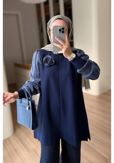 Kahijab Gül Detay Merserize Tunik - Lacivert