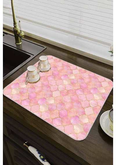 Pembe Fas Desen Microfiber Bulaşık Kurutma Matı Mm003