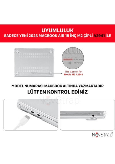 Novstrap Apple Macbook Air 15 İnç A2941 M2 Çip İle Uyumlu Parlak Kılıf + Şeffaf Klavye Kılıfı + Film