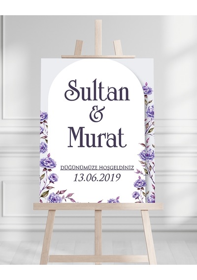 Söz Nişan Düğün İçin 50x70 Karşılama Panosu - Mor Çiçek Tasarımlı 005 Beyaz