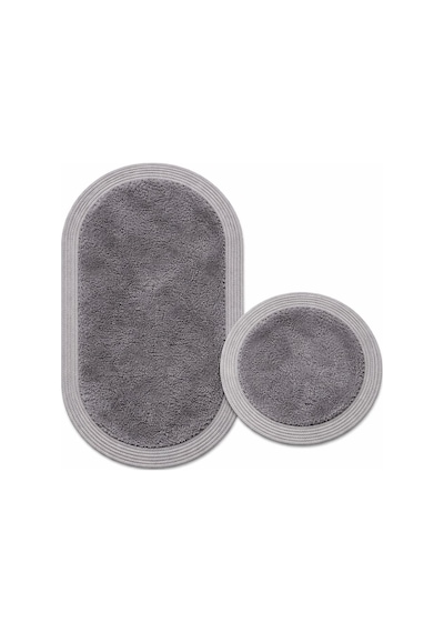 Melena Carpet Premium Kaymaz Taban Peluş Banyo Paspası Seti Jüt Kenar Detaylı 2 Li Oval Yuvarlak 100x60 60x60 Antrasit