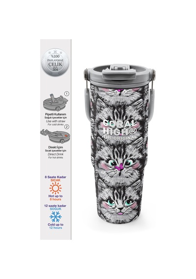 Coral High Gri Kedi Desenli Pipetli Ve Direkt İçim Çelik Termos 900 Ml 38711 Gri